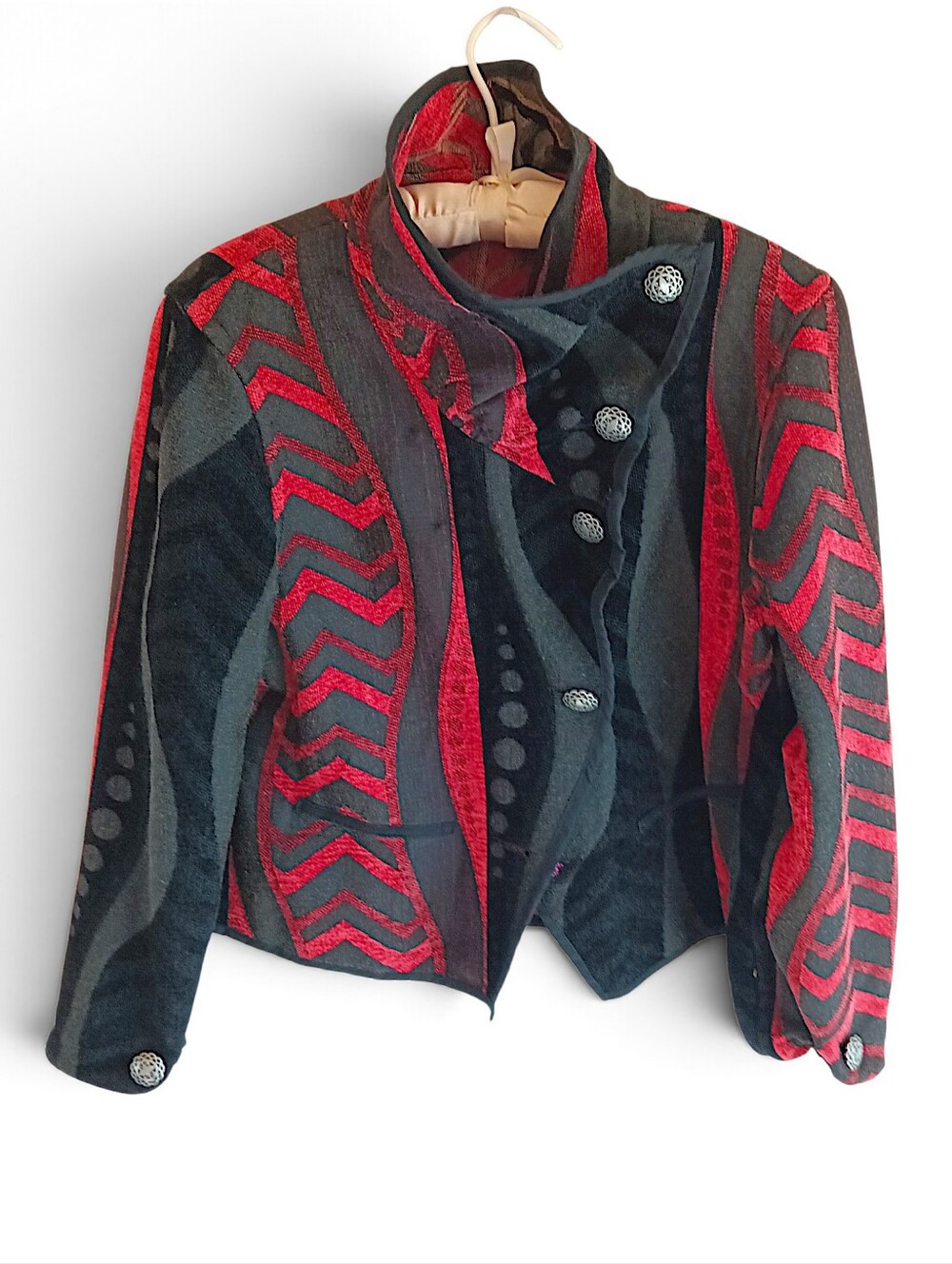 Vintage Red Black Reversible Patterned Blazer Jacket Tapestry Boho Geometric Sm